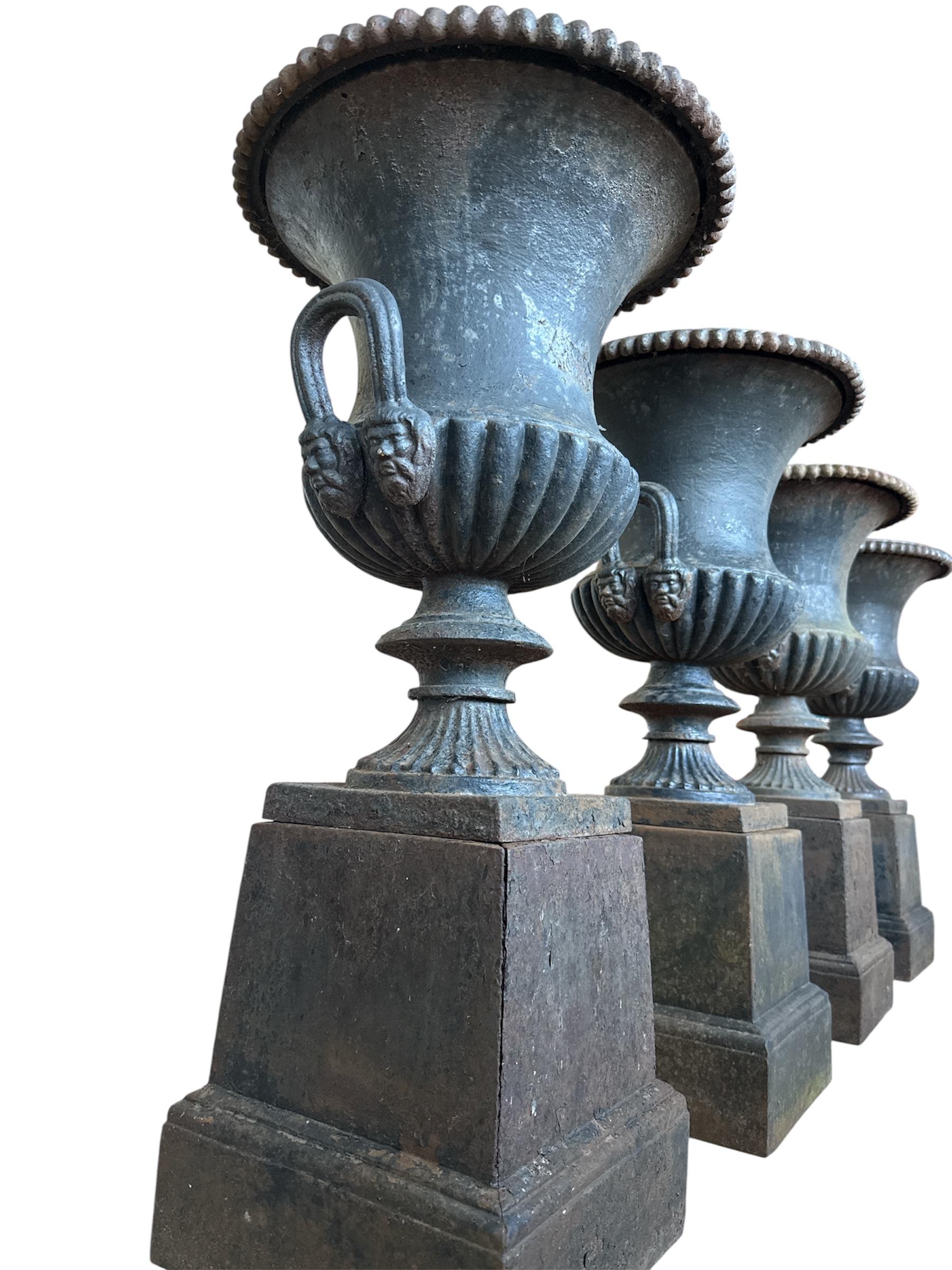 Four Large Capagna Form Black Cast Iron Planters Urns with bases For Sale 5