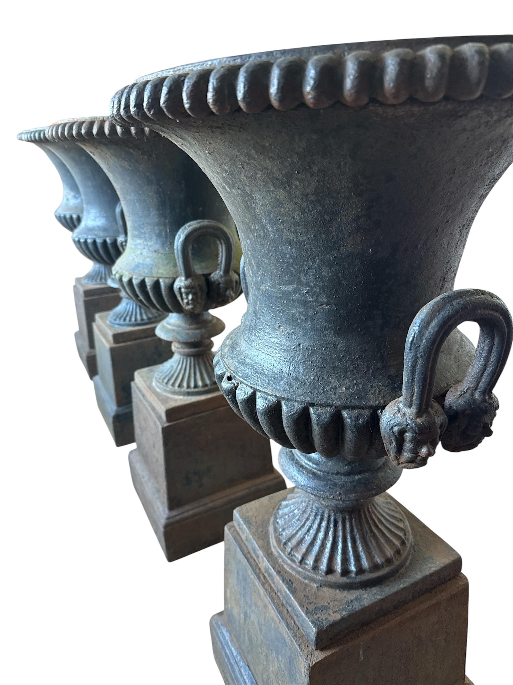 Four Large Capagna Form Black Cast Iron Planters Urns with bases For Sale 6