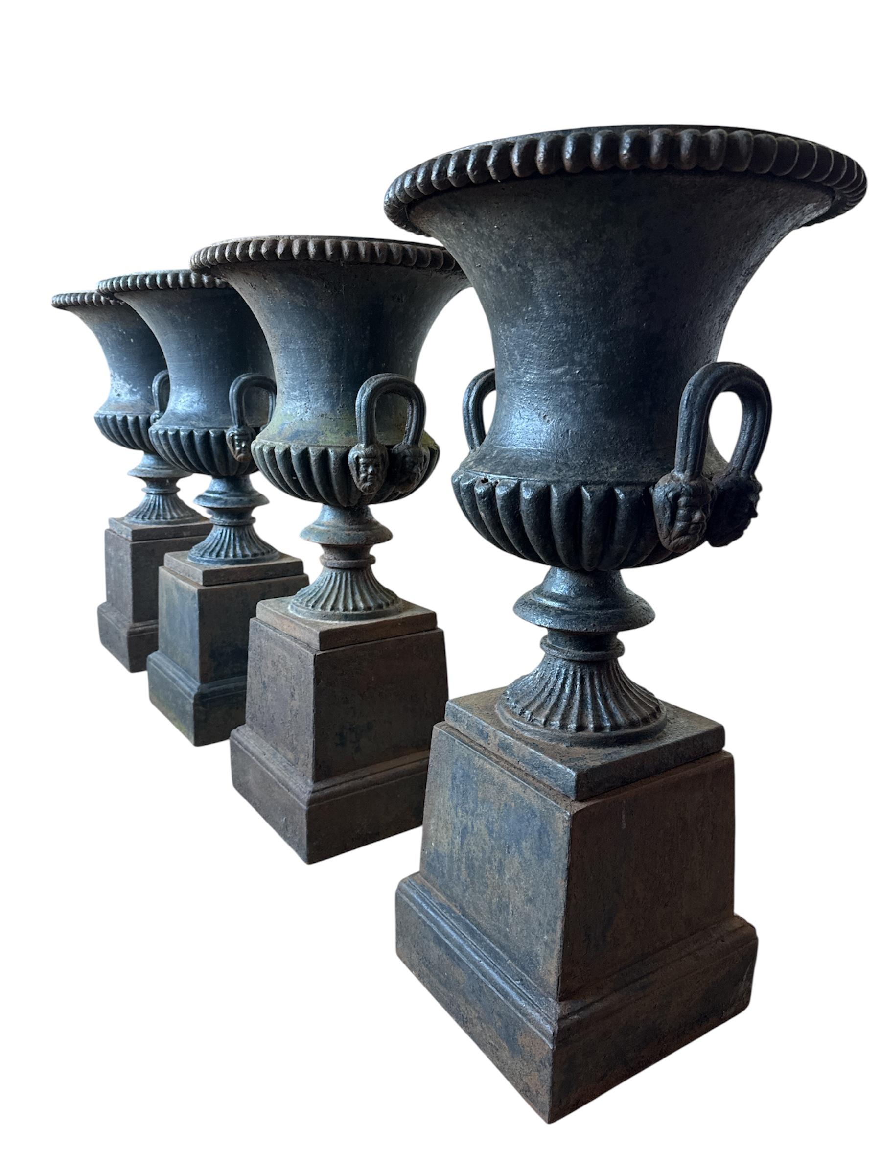 Four Large Capagna Form Black Cast Iron Planters Urns with bases For Sale 7
