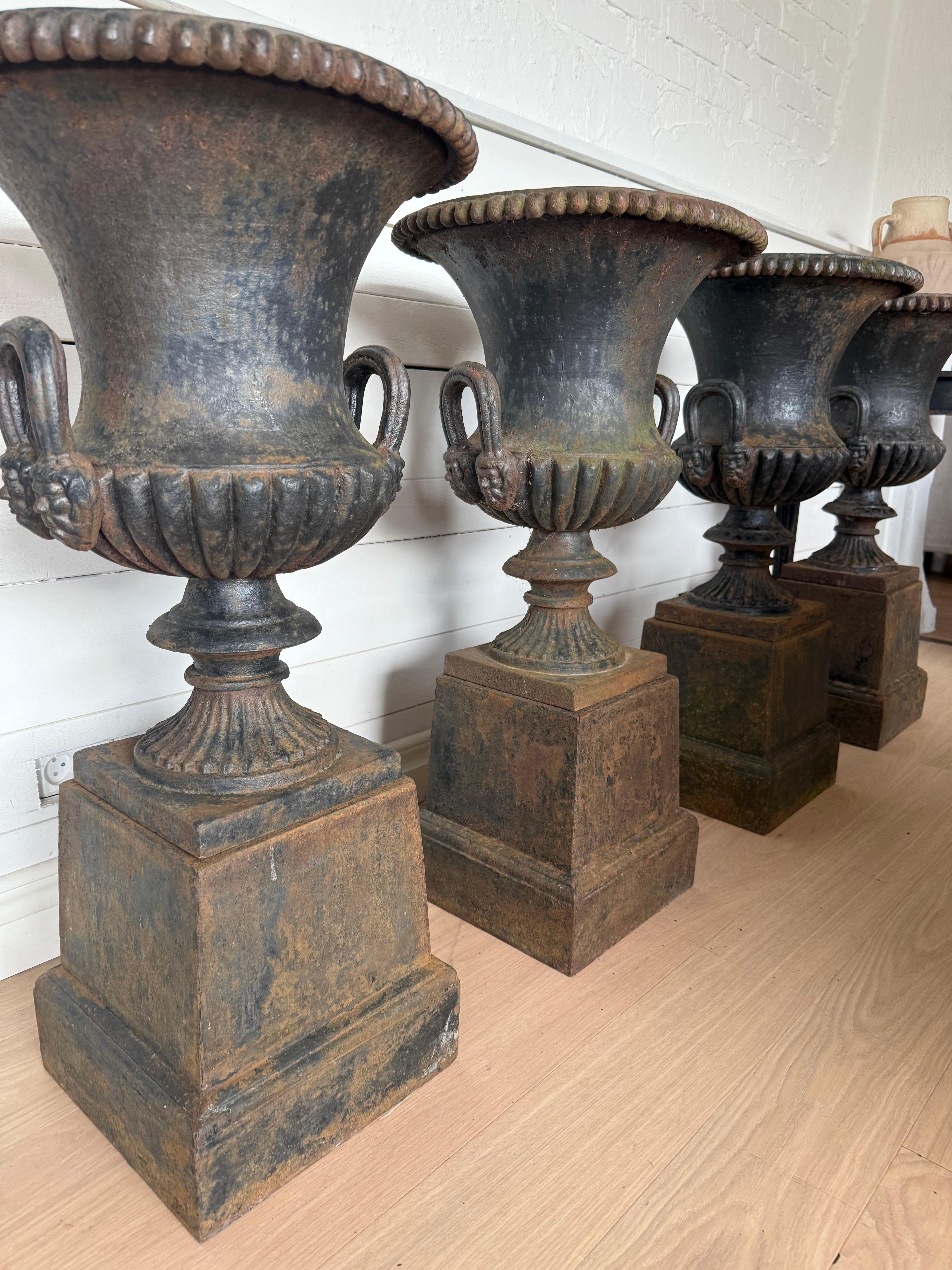 Four Large Capagna Form Black Cast Iron Planters Urns with bases For Sale 10