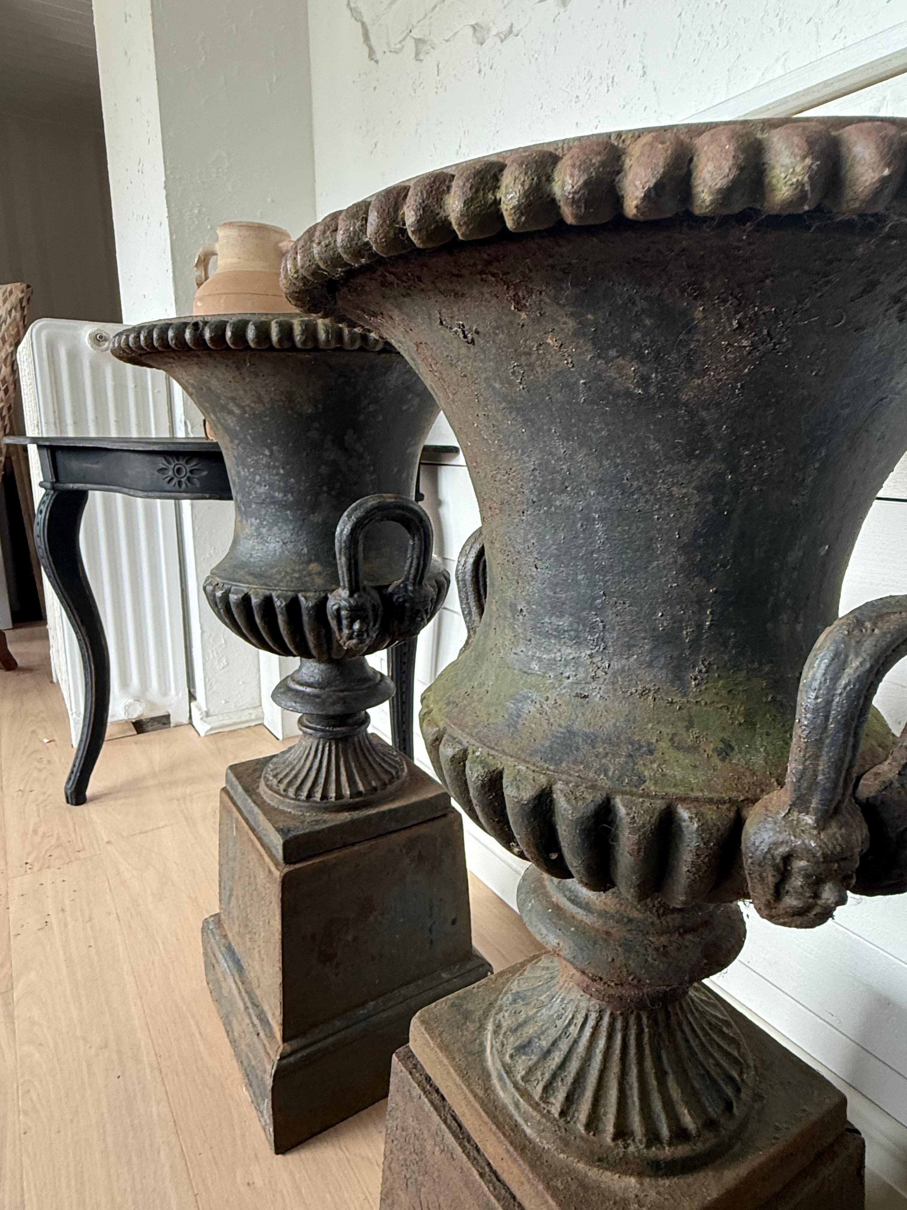 Four Large Capagna Form Black Cast Iron Planters Urns with bases For Sale 11