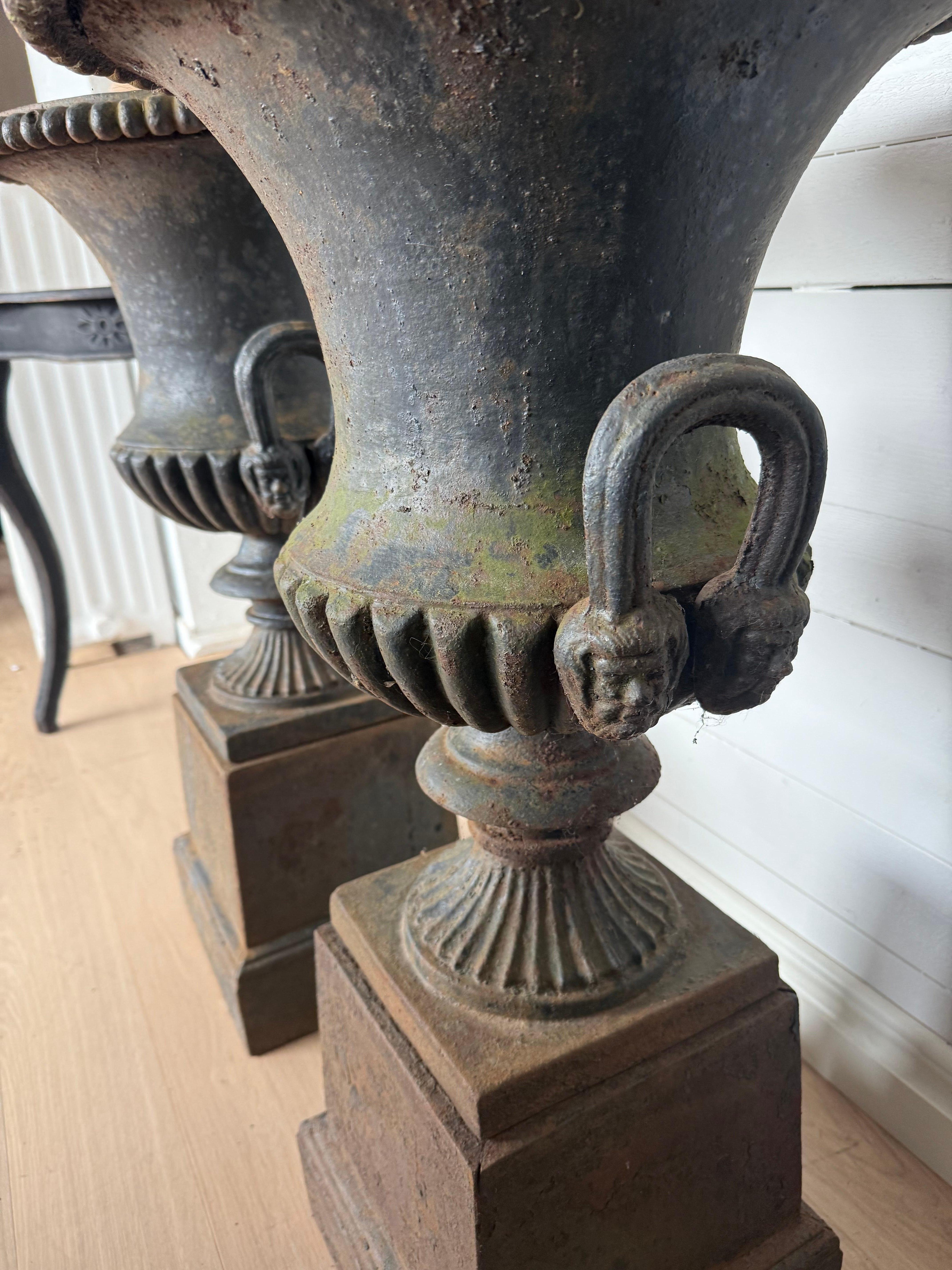 Four Large Capagna Form Black Cast Iron Planters Urns with bases For Sale 12