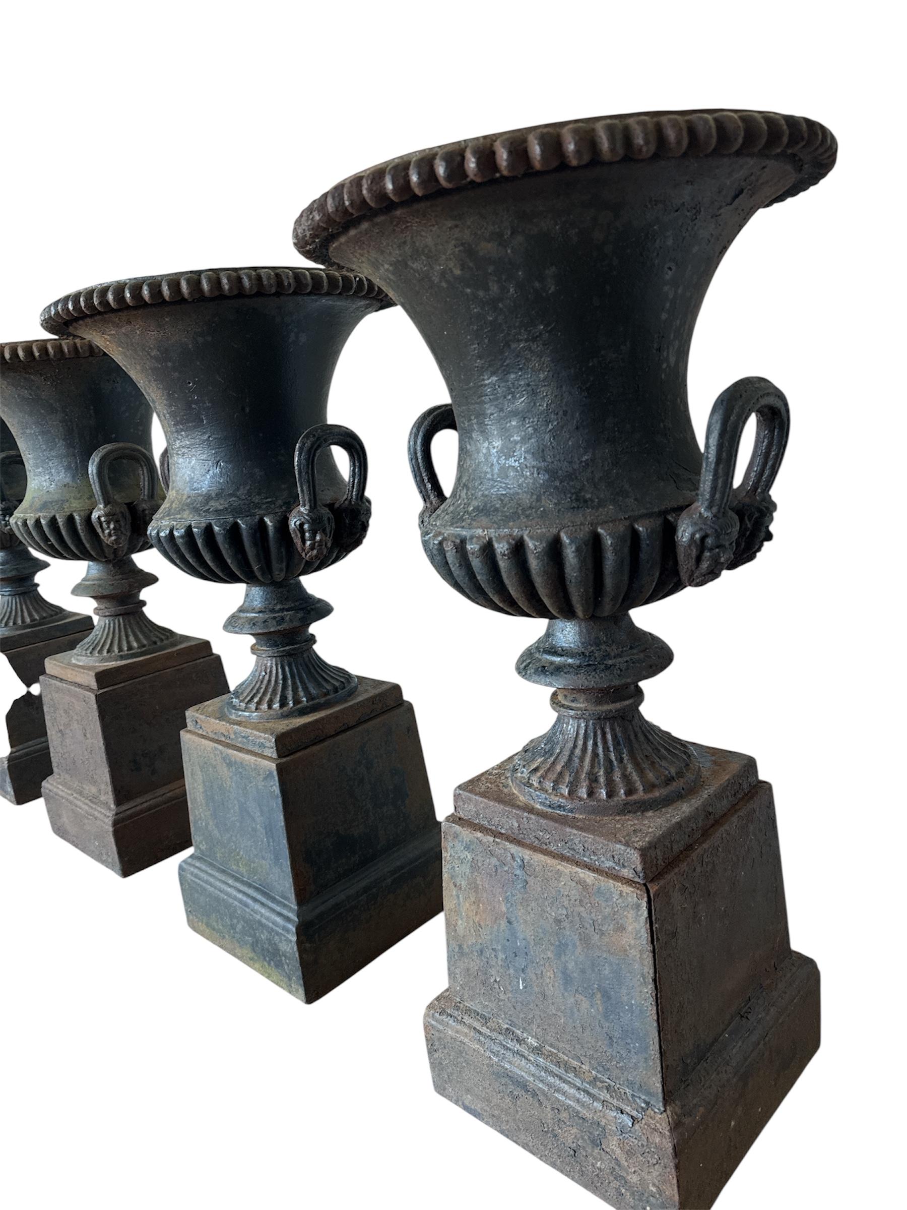 19th Century Four Large Capagna Form Black Cast Iron Planters Urns with bases For Sale