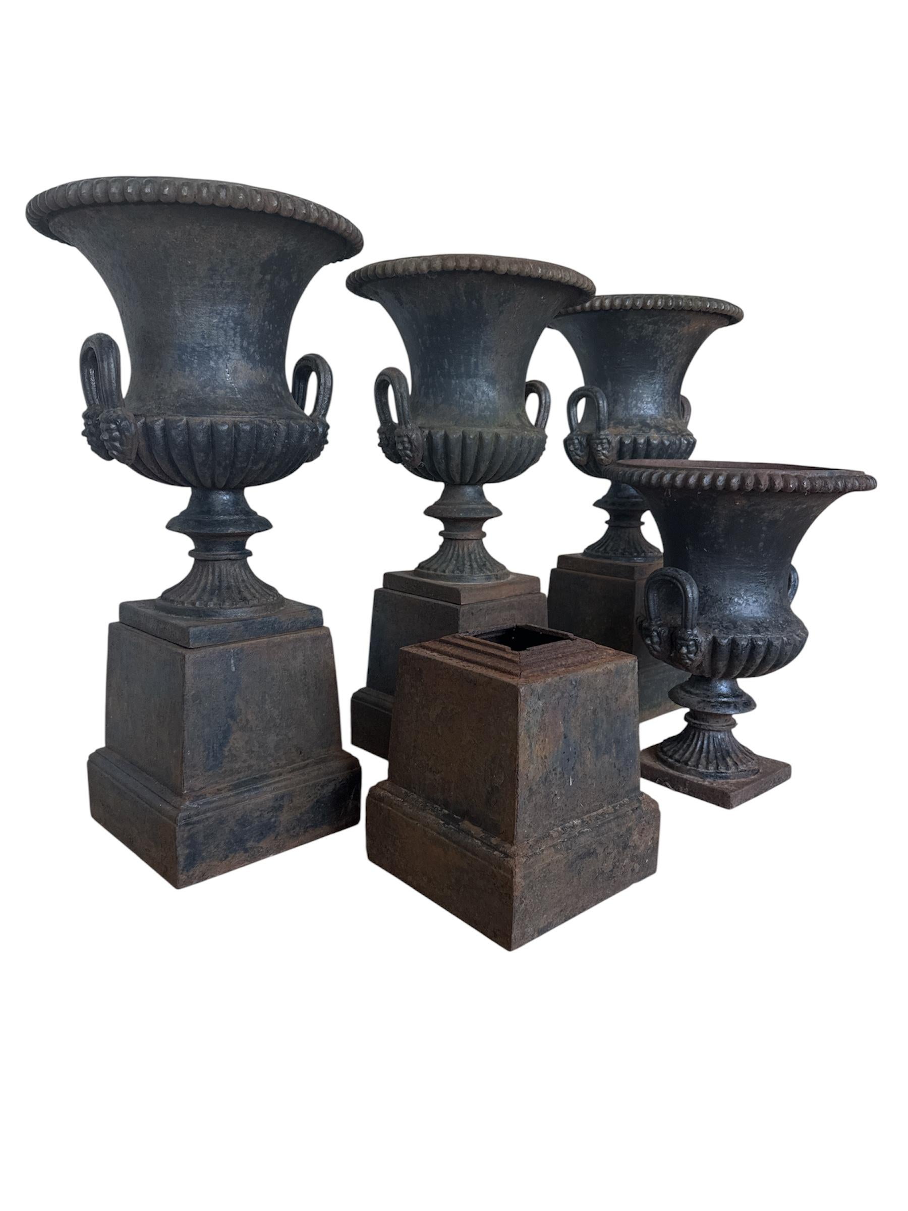 Four Large Capagna Form Black Cast Iron Planters Urns with bases For Sale 3