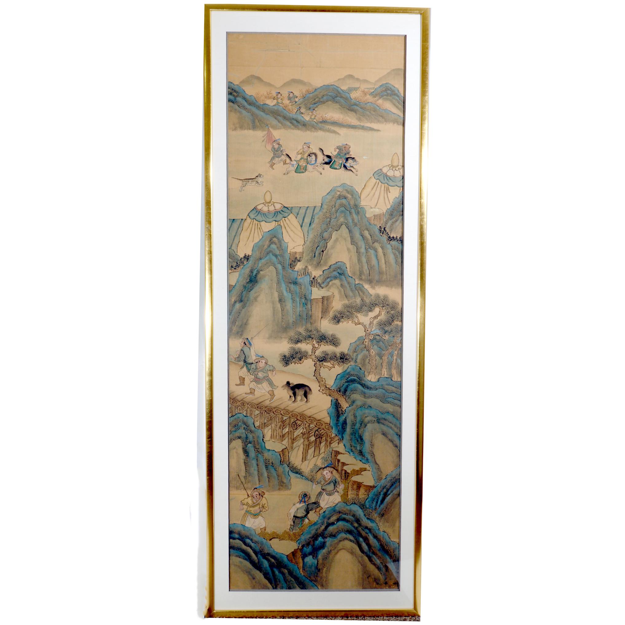 Chinese Large Ink Paintings on Silk with Huntsmen,
Mid-19th century

The set of four large framed painting each depict different complex pictures. The paintings are executed in a bold and expressive style, with rich blacks and bold brushstrokes.