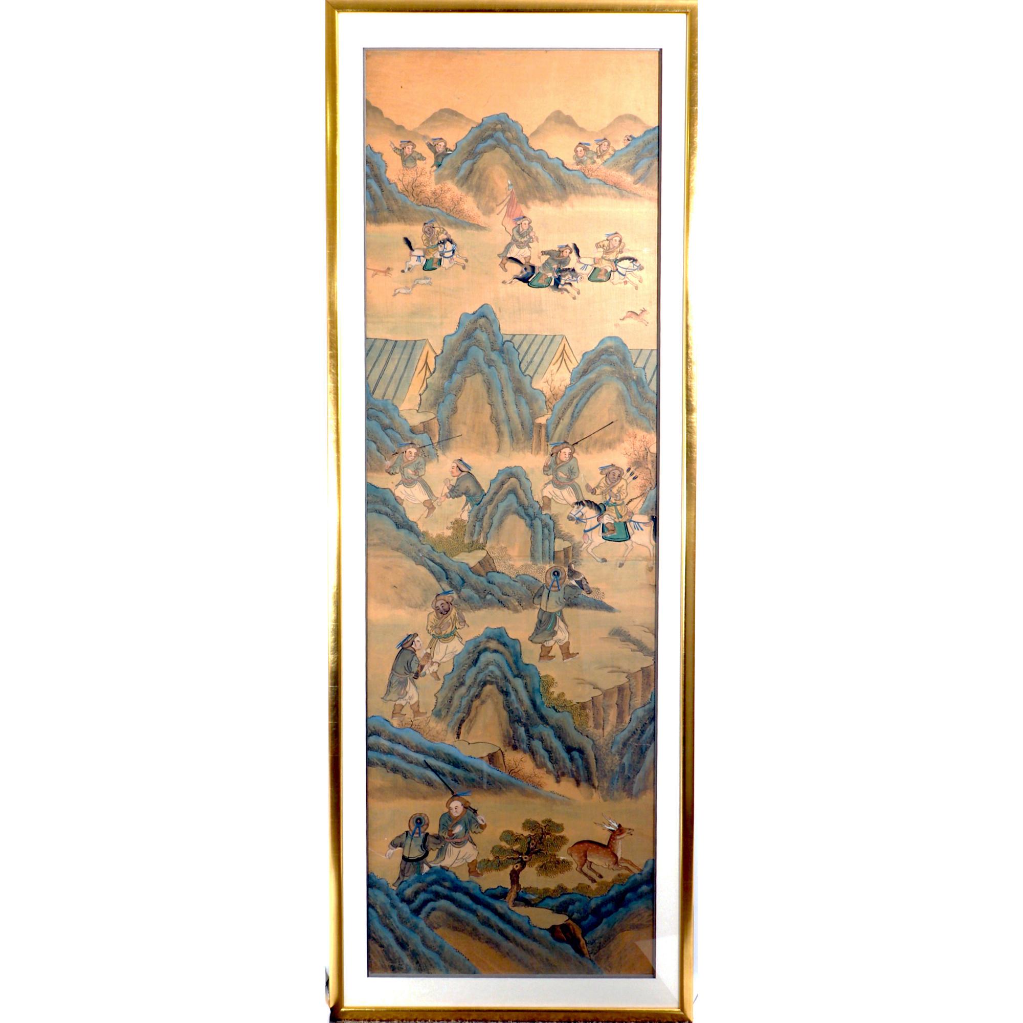 Chinese Export Four Large Chinese Ink Paintings on Silk with Huntsmen