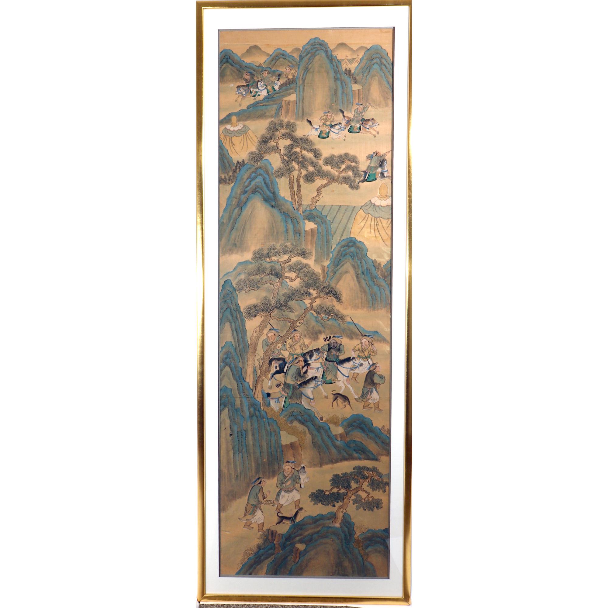Four Large Chinese Ink Paintings on Silk with Huntsmen In Good Condition In Downingtown, PA