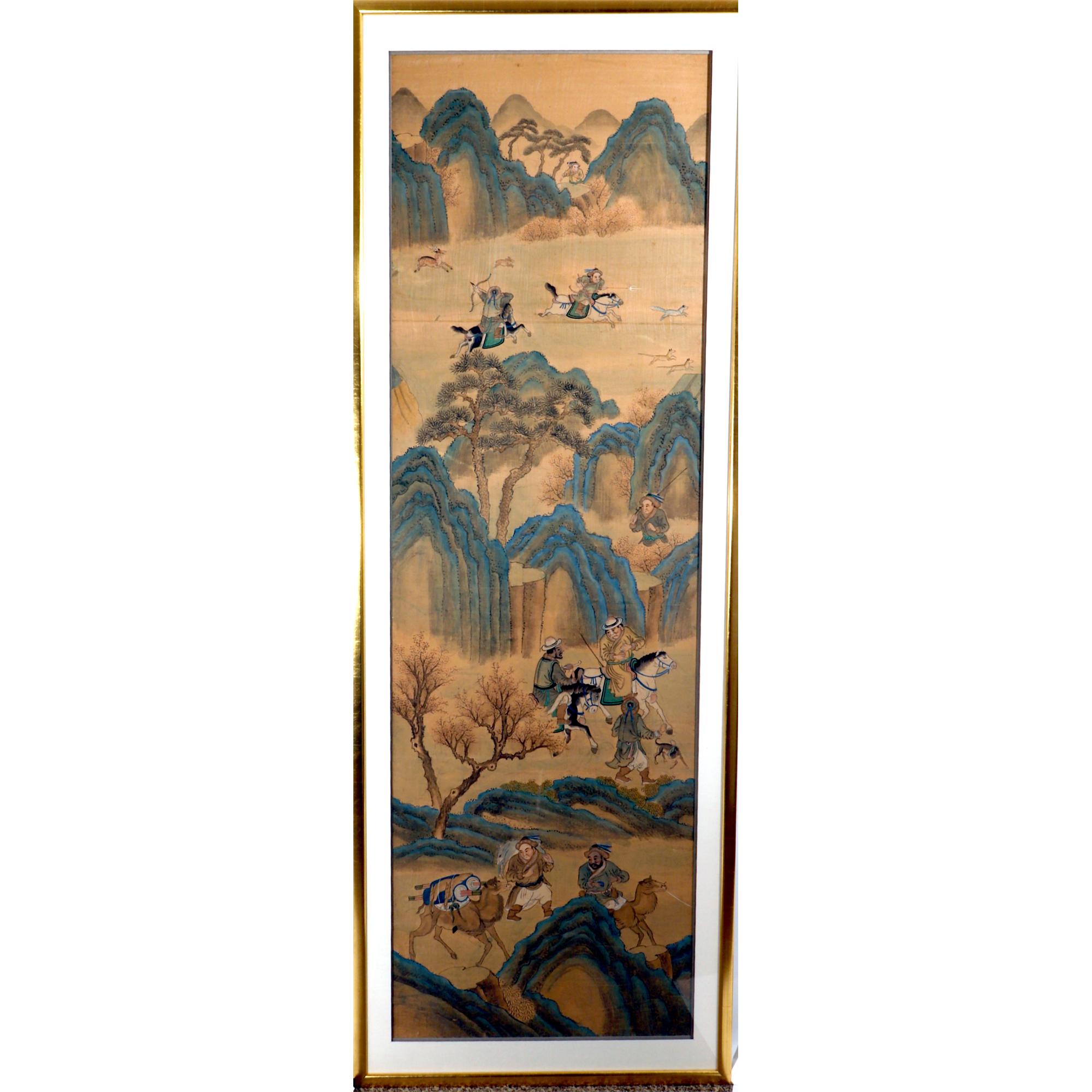 19th Century Four Large Chinese Ink Paintings on Silk with Huntsmen