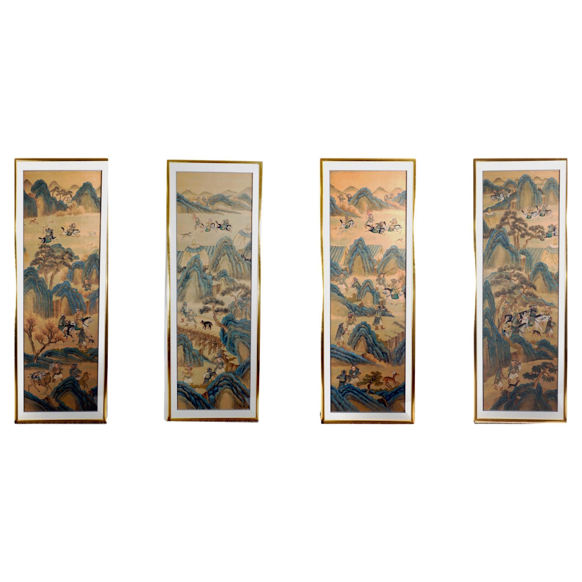 Four Large Chinese Ink Paintings on Silk with Huntsmen