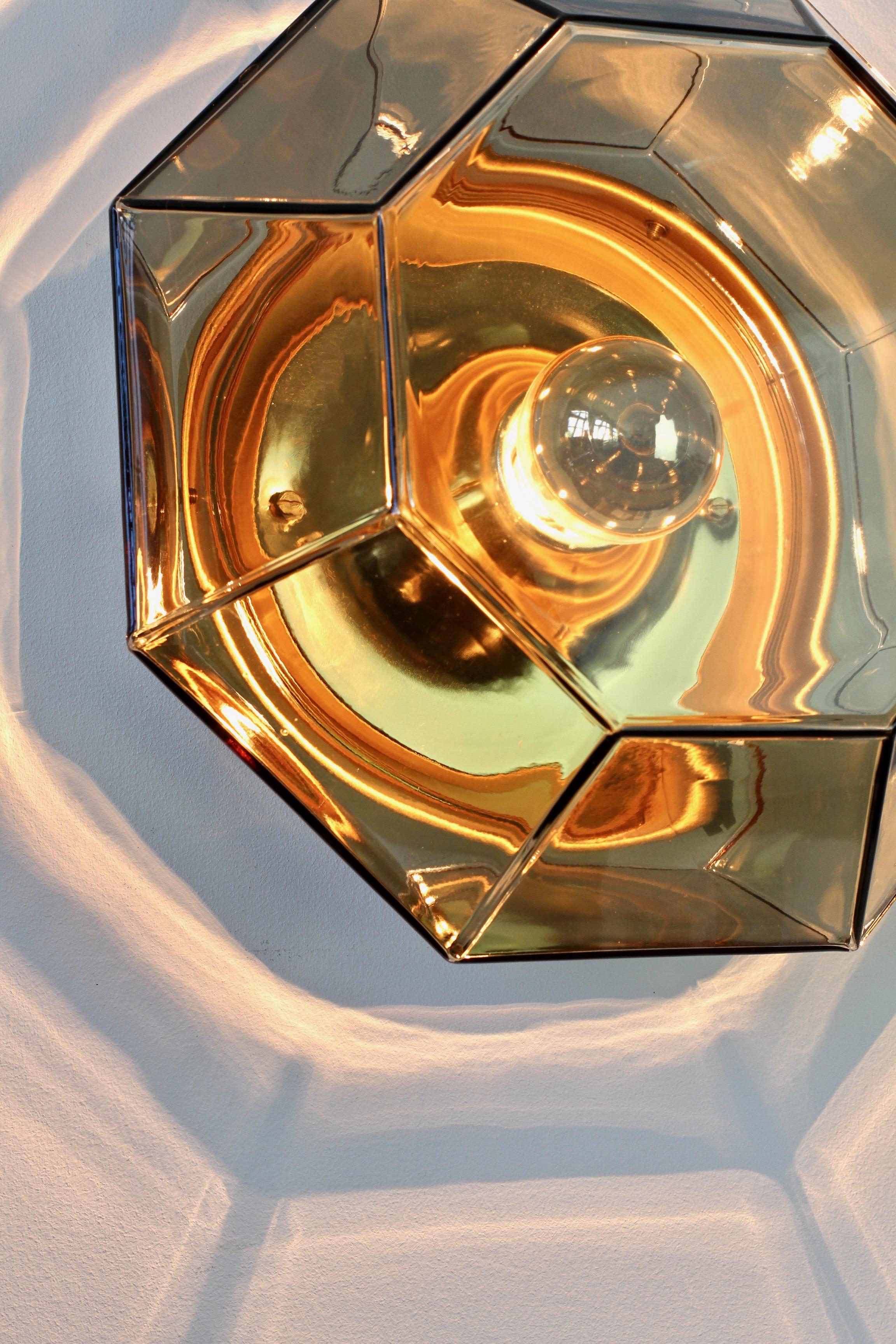 1 of 5 Large Geometric Smoked Glass & Brass Flush Mount Lights by Limburg, 1970s 6