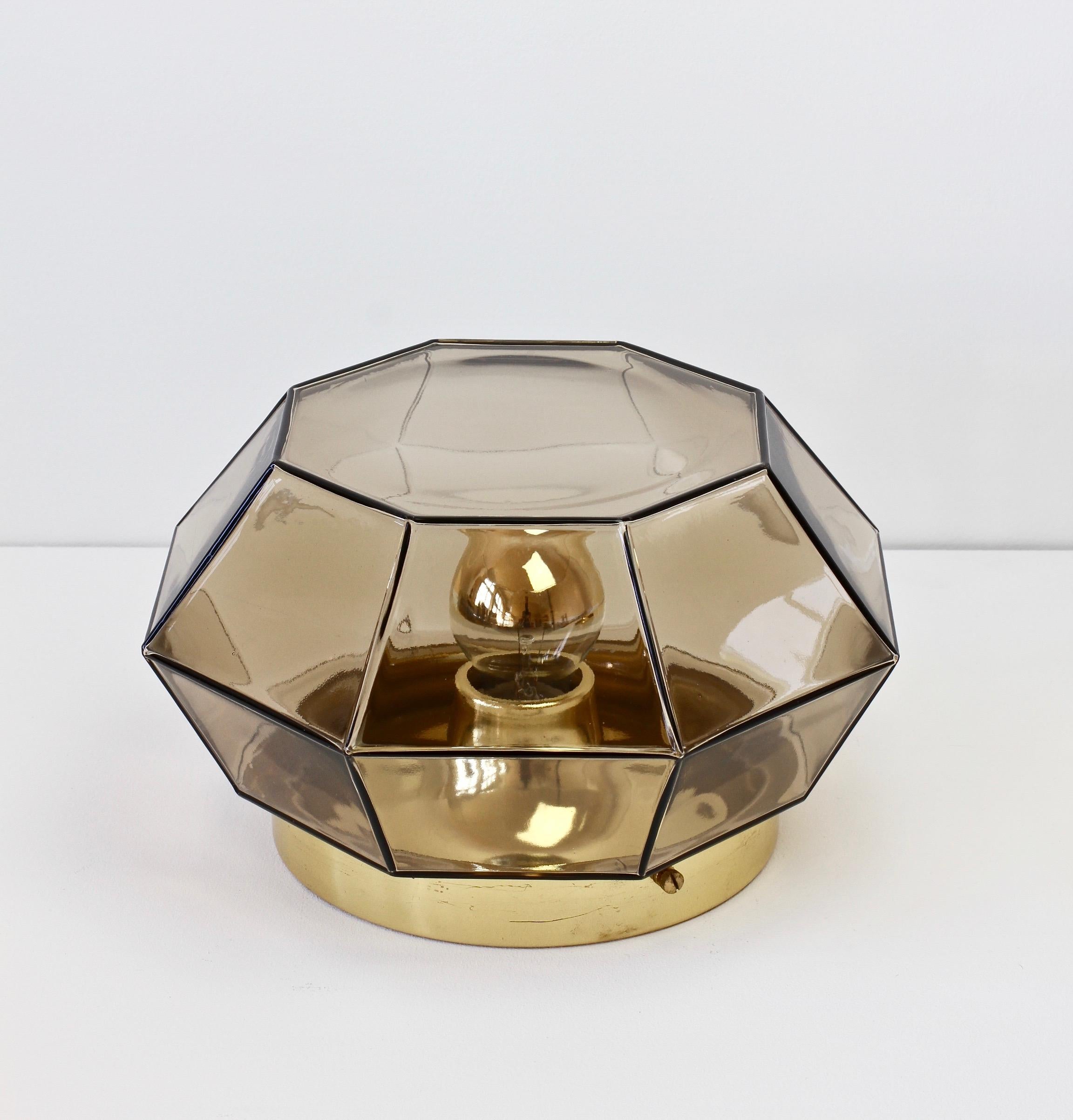 20th Century 1 of 5 Large Geometric Smoked Glass & Brass Flush Mount Lights by Limburg, 1970s