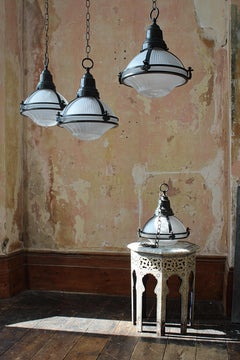 Four Large Holophane Prismatic Glass Bronze Caged Pendants Lights Sold in Pairs