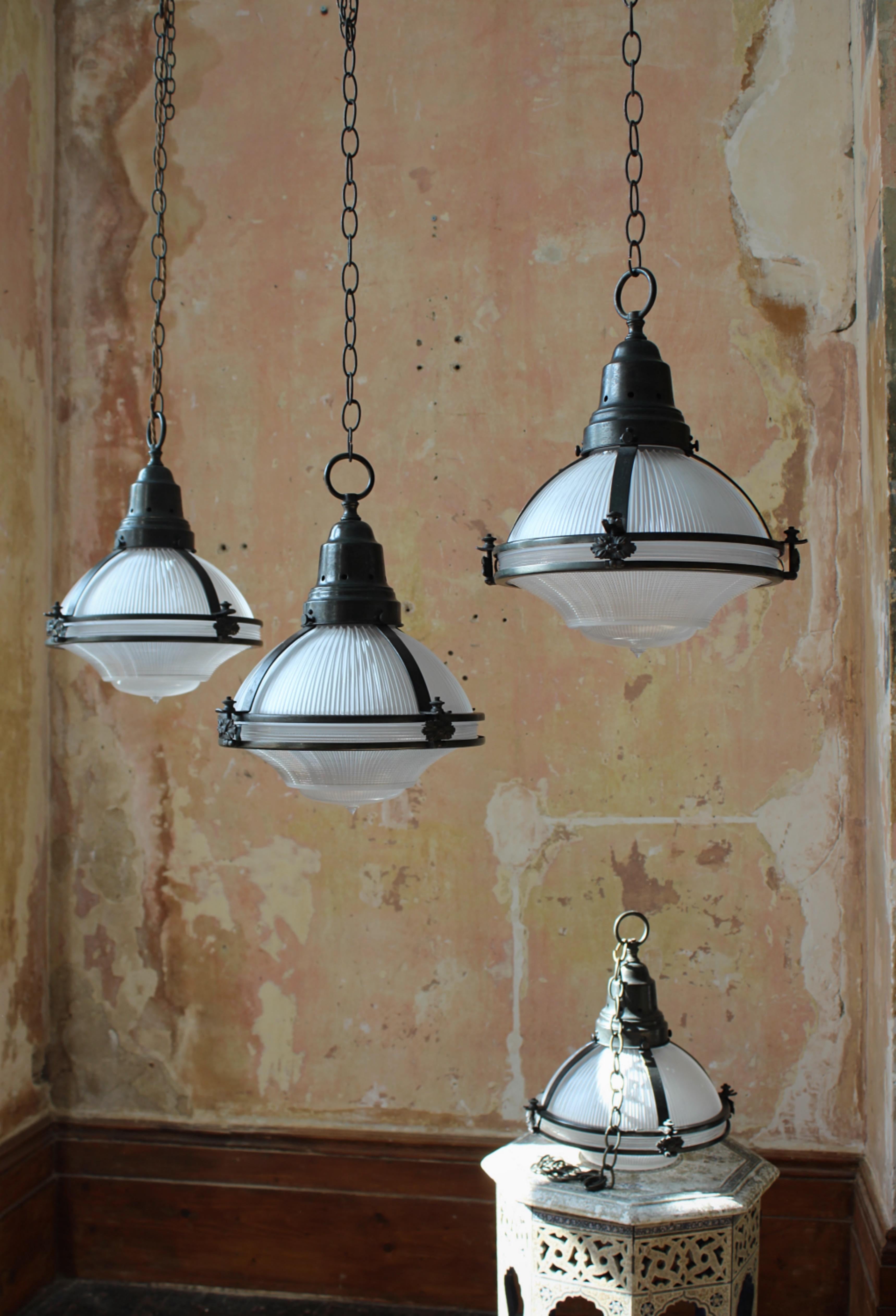 British Four Large Holophane Prismatic Glass Bronze Caged Pendants Lights Sold in Pairs 