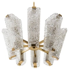 Grand J.T. Lustre Kalmar de style « Mid-Century Modern », en laiton et verre texturé, 1960
