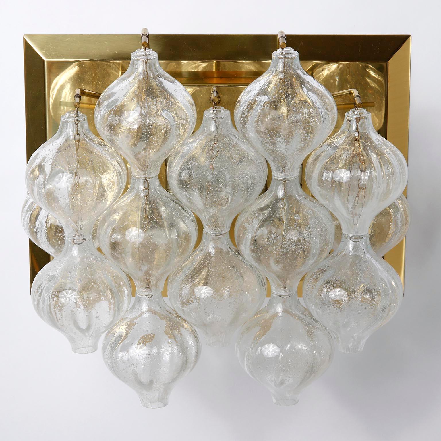 Austrian One of Four Large Kalmar 'Tulipan' Wall Lights Sconces, Glass Brass, 1970 For Sale