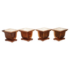 FOUR LARGE TULIP SHAPED GLASS TOP ELM SiDE END TABLES WITH HIDDEN BASE STORAGE
