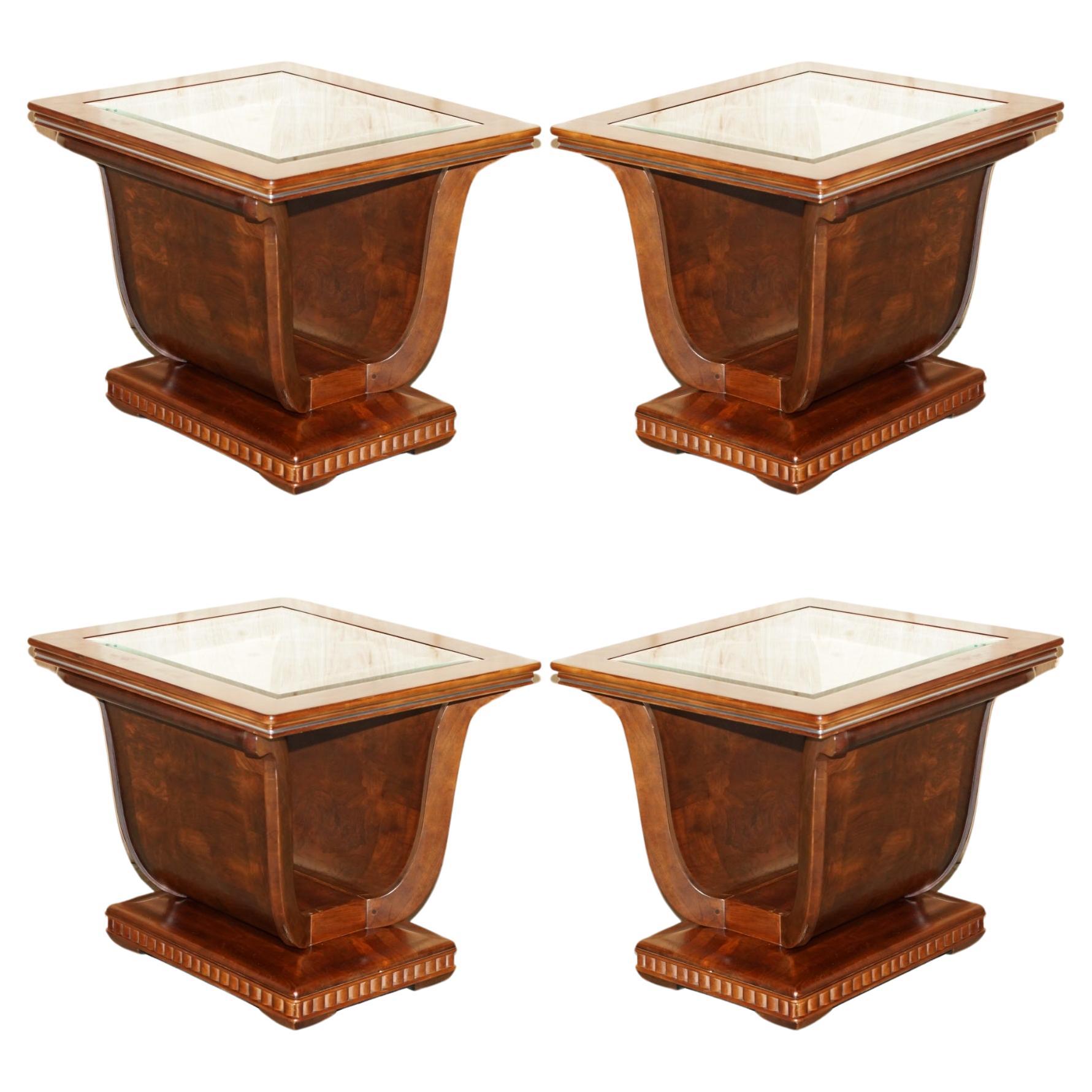 FOUR LARGE TULIP SHAPED GLASS TOP ELM SiDE END TABLES WITH HIDDEN BASE STORAGE For Sale