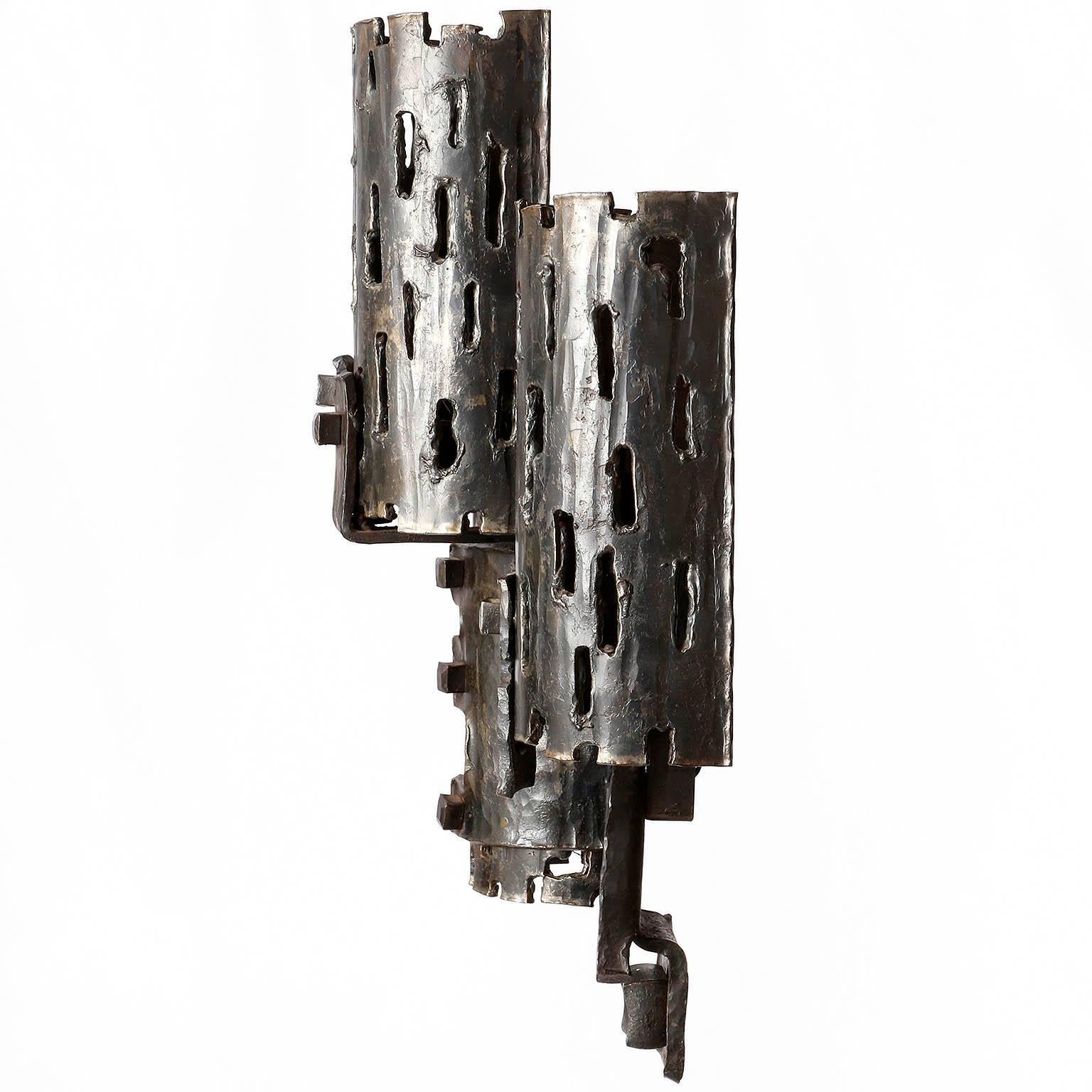 One of Four Large Unique Brutalist Sconces Wall Lights, Metal Wrought Iron, 1970 For Sale 1