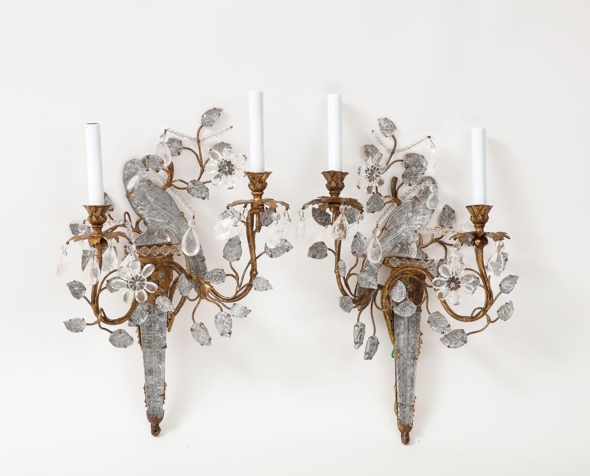 Four large vintage rock crystal bagues bird rock crystal sconces with two arm candles supported on flowering vines.