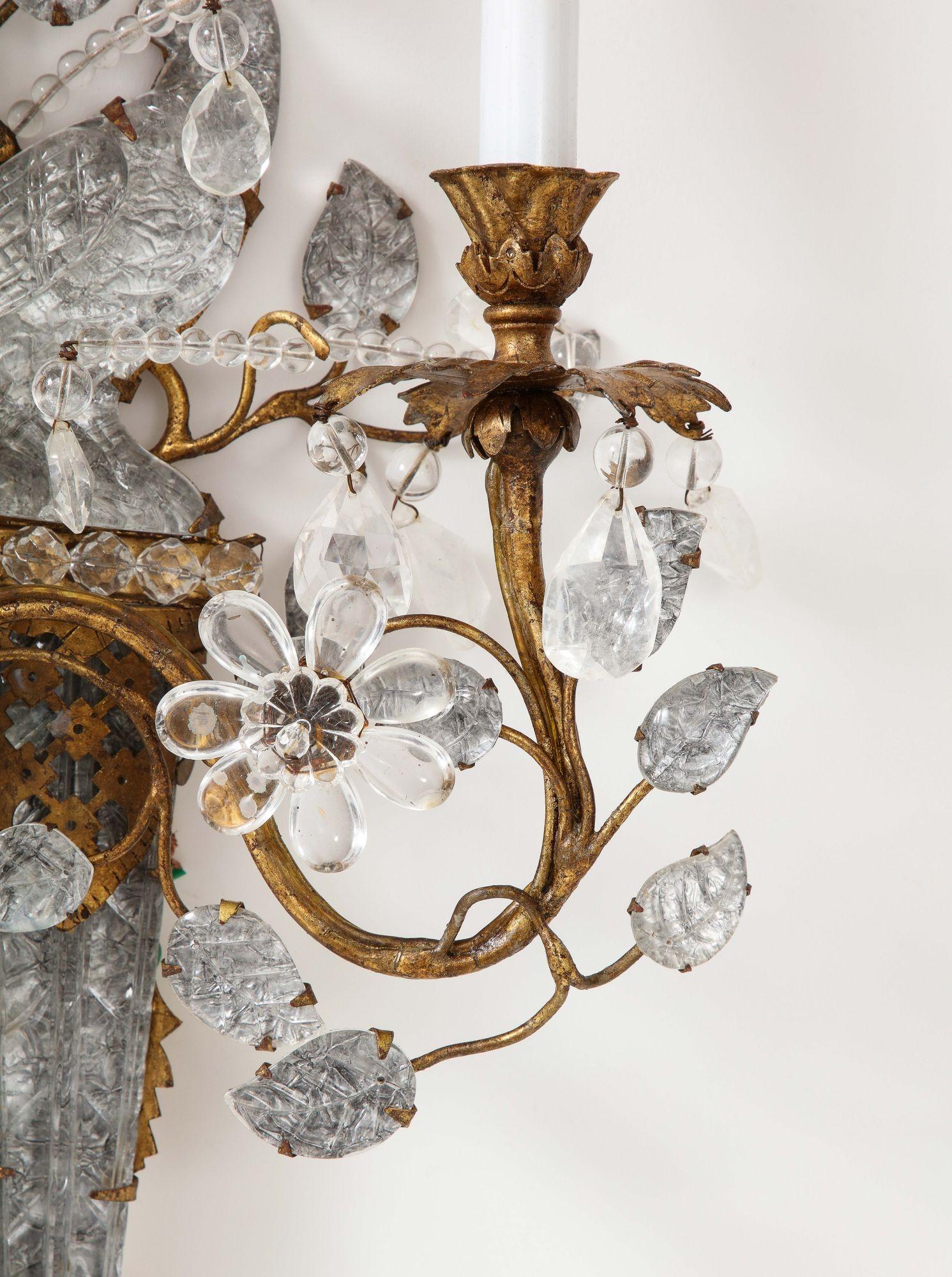 20th Century Pair of Large Vintage Rock Crystal Bagues Bird Rock Crystal Sconces For Sale