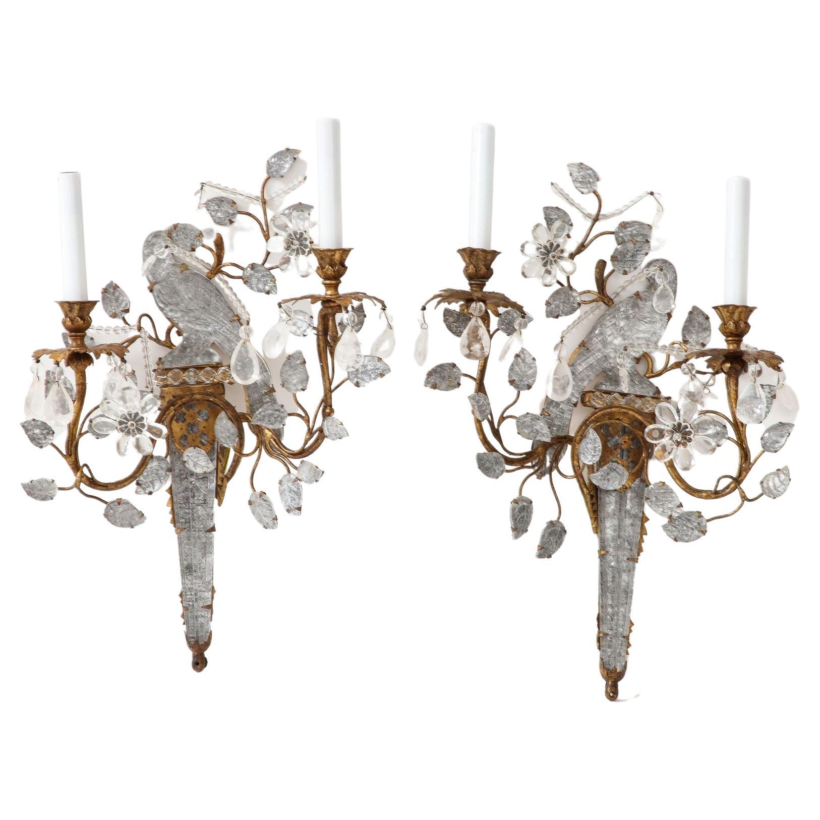 Pair of Large Vintage Rock Crystal Bagues Bird Rock Crystal Sconces