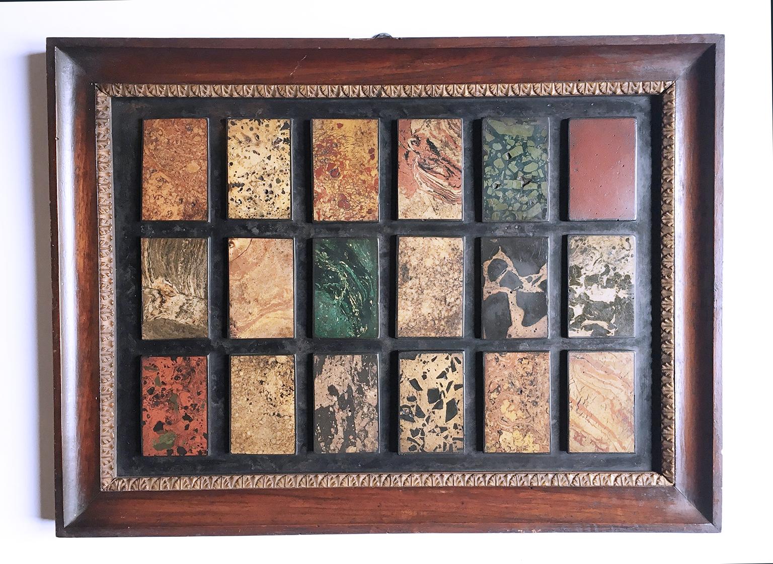Assortment of 72 varieties of marble made in scagliola and applied to slate
Northern Italy, late 19th century
Each slab dimensions 30.5 cm (12 in) x 42.5 cm (16.73 in)
Each frame dimensions 37.5 cm (14.76 in) x 50 cm (19.68 in)
State of
