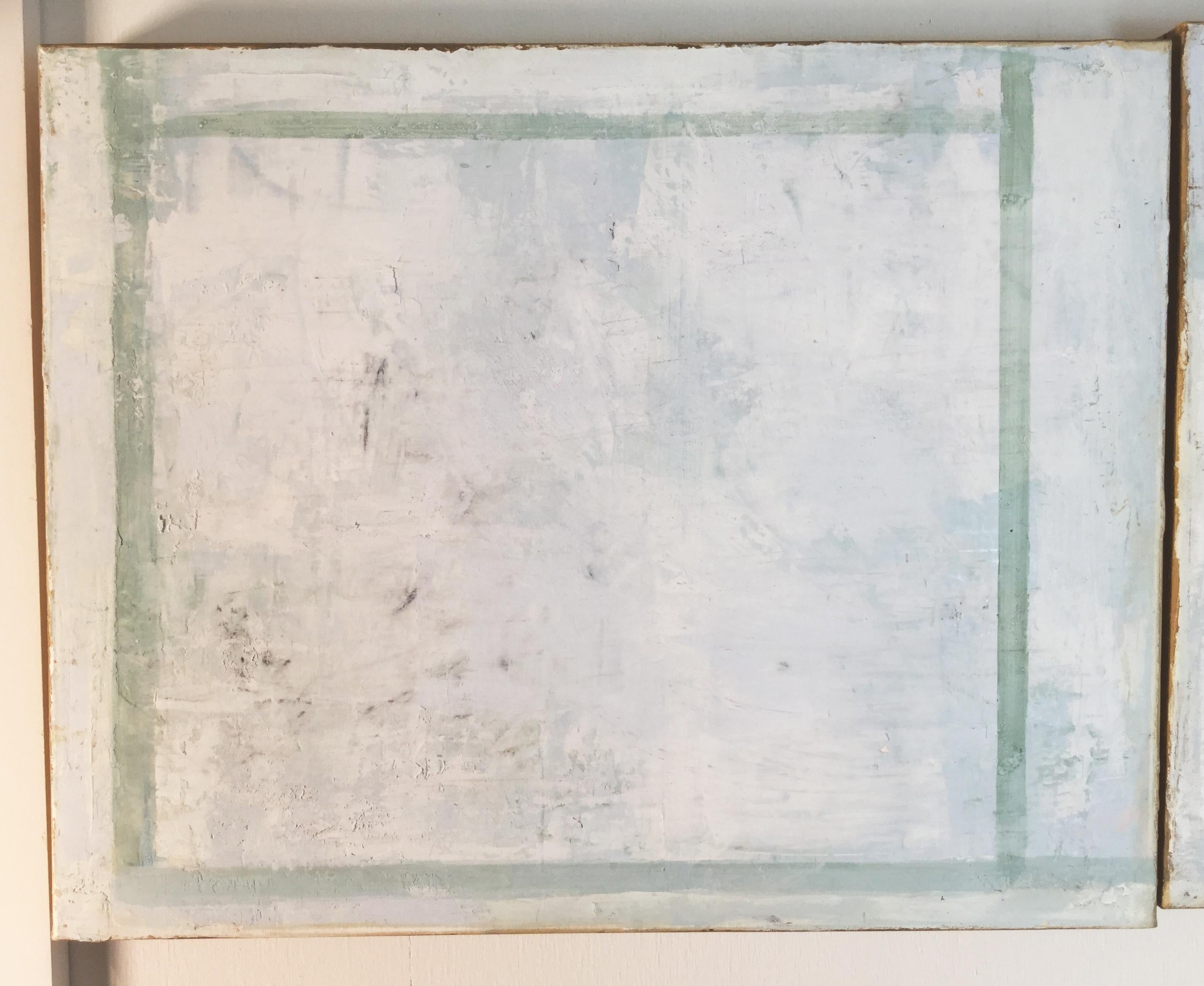 Contemporary abstract painting using mixed-media of venetian plaster, dyes with the artist built wood platform frame. The geometry of the series reflect the weight of plaster materials contrasted by the light and airy blue colors in the corners of