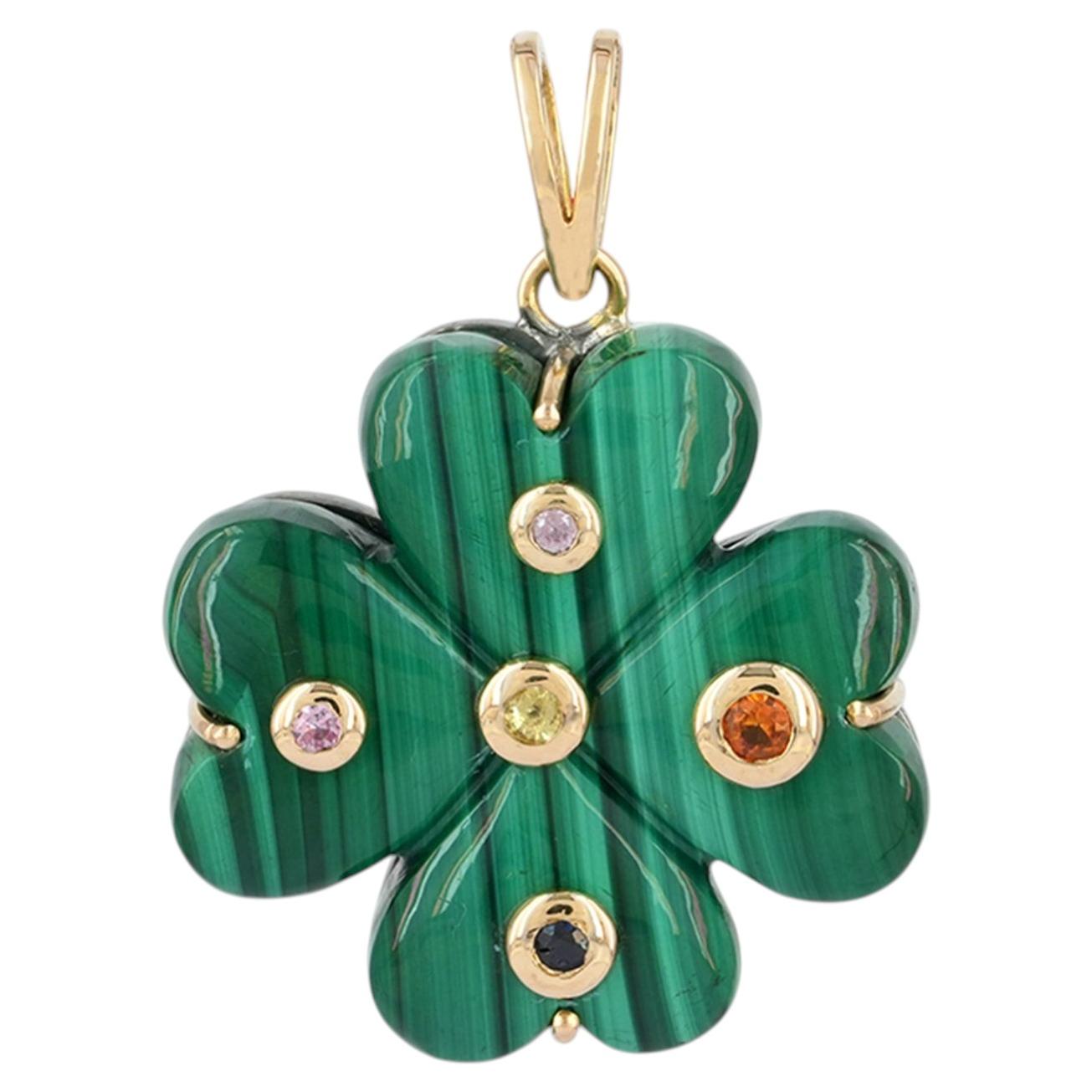 Four Leaf Charm Solid 14k Yellow Gold Malachite Multi Sapphire Clover Pendant For Sale