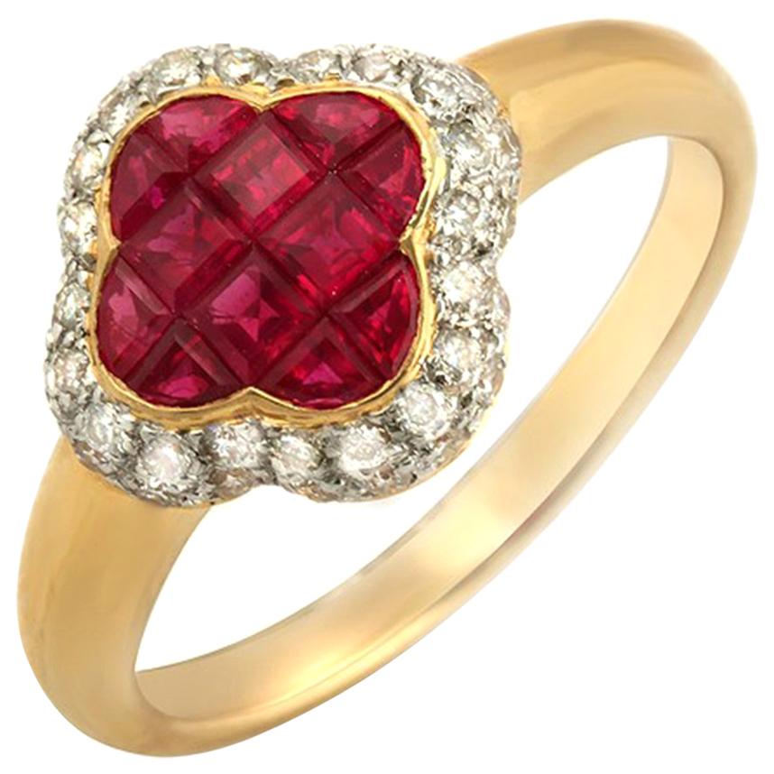 Four Leaf Clover 1.69 Carat Ruby and 0.40 Carat Diamonds 18 Karat Gold Band Ring For Sale