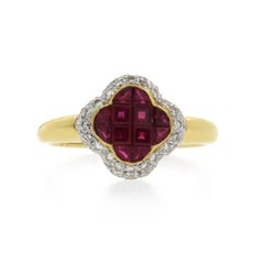 Four Leaf Clover 1.69 Carat Ruby and 0.40 Carat Diamonds 18 Karat Gold Band Ring