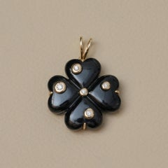 Four Leaf Clover Charm Natural Diamond Solid 14k Yellow Gold Onyx Gems Pendant