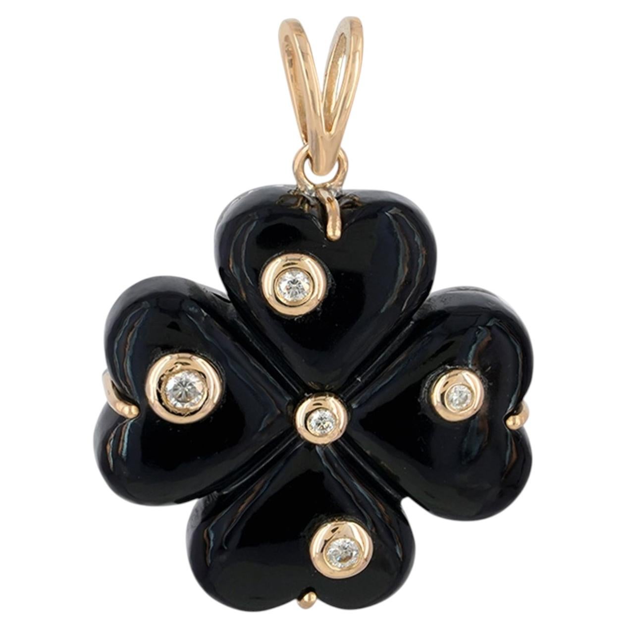 Four Leaf Clover Charm Natural Diamond Solid 14k Yellow Gold Onyx Gems Pendant For Sale