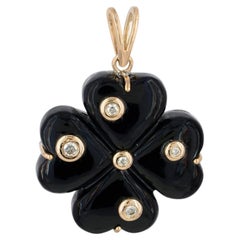 Four Leaf Clover Charm Natural Diamond Solid 14k Yellow Gold Onyx Gems Pendant