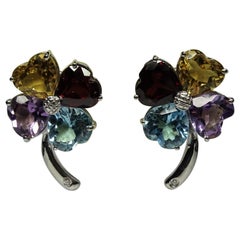 Four-leaf Clover Citrine Amethyst Topaz White Diamond 18 Karat Gold Earrings