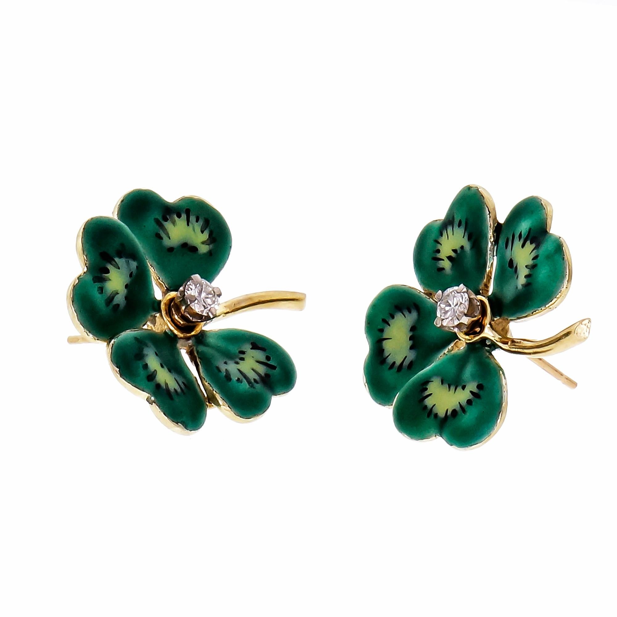 1940’s 4 leaf clover diamond, hand enameled pierced earrings in 14k yellow gold with nice sparkly brilliant cut Diamonds. 

2 round Diamonds, approx. total weight .16cts, H, VS1 – SI1 
14k yellow gold 
Tested and stamped: 14k 
7.1 grams 
Top to