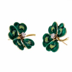 Four -Leaf Clover Diamond Green Enamel Earrings