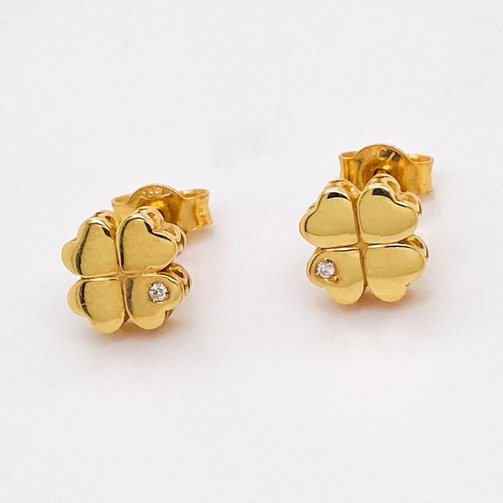 Four Leaf Clover & Diamond Studs Heart Leaves 14K Gold, St Patrick's St Paddy's In New Condition For Sale In Austin, TX