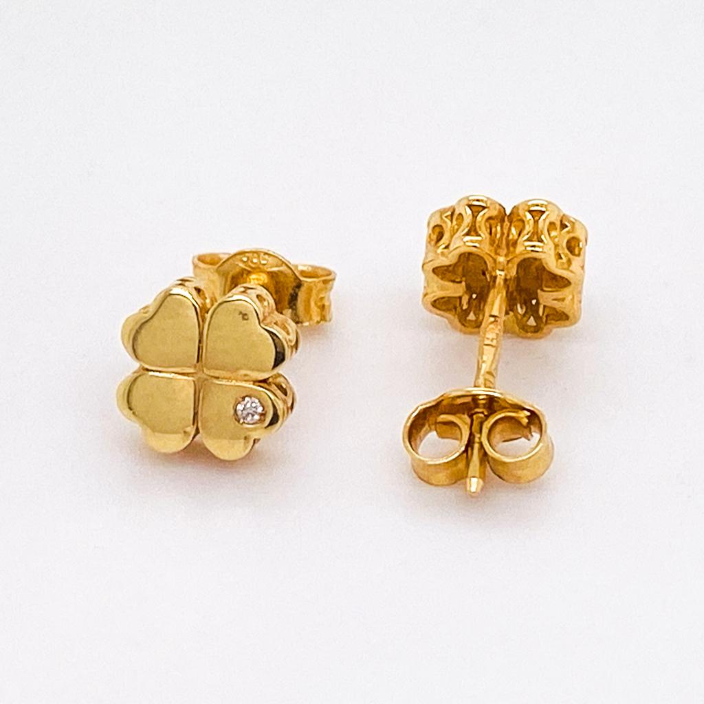 Women's Four Leaf Clover & Diamond Studs Heart Leaves 14K Gold, St Patrick's St Paddy's For Sale