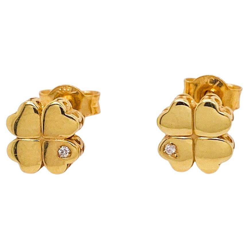 Four Leaf Clover & Diamond Studs Heart Leaves 14K Gold, St Patrick's St Paddy's For Sale