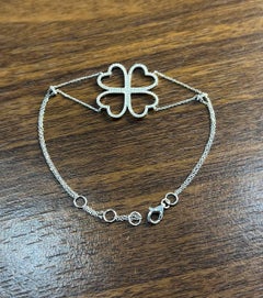 Four Leaf Clover Heart Shape White Diamond Pave 14K White Gold Chain Bracelet