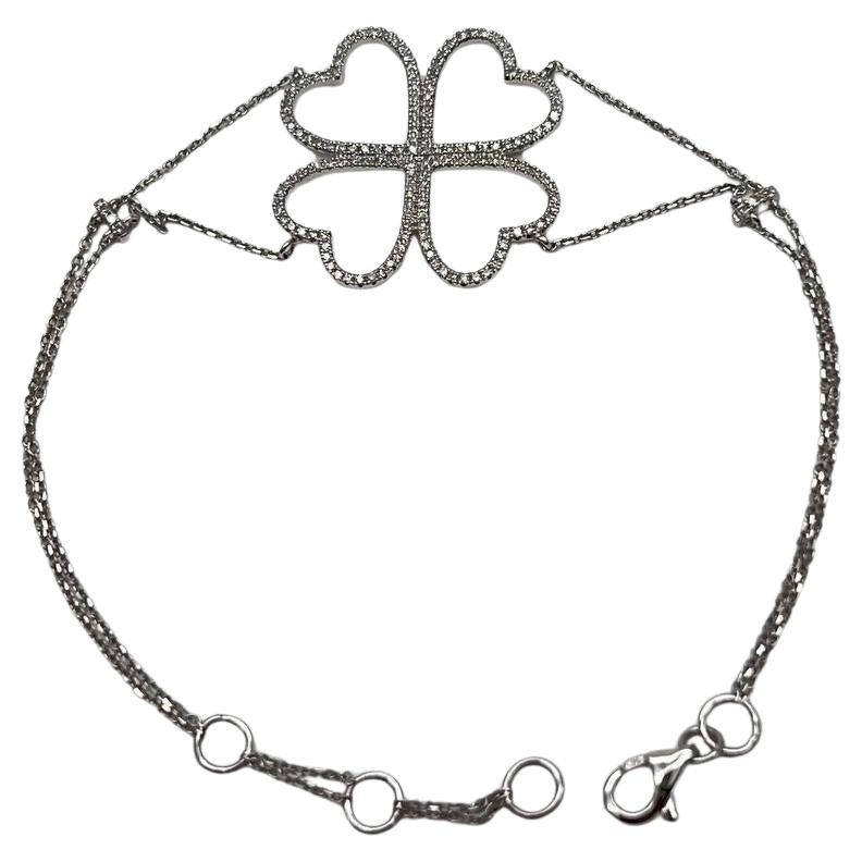 Four Leaf Clover Heart Shape White Diamond Pave 14K White Gold Chain Bracelet