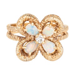Four Leaf Clover Opal Ring Vintage 14k Yellow Gold Good Luck Jewelry