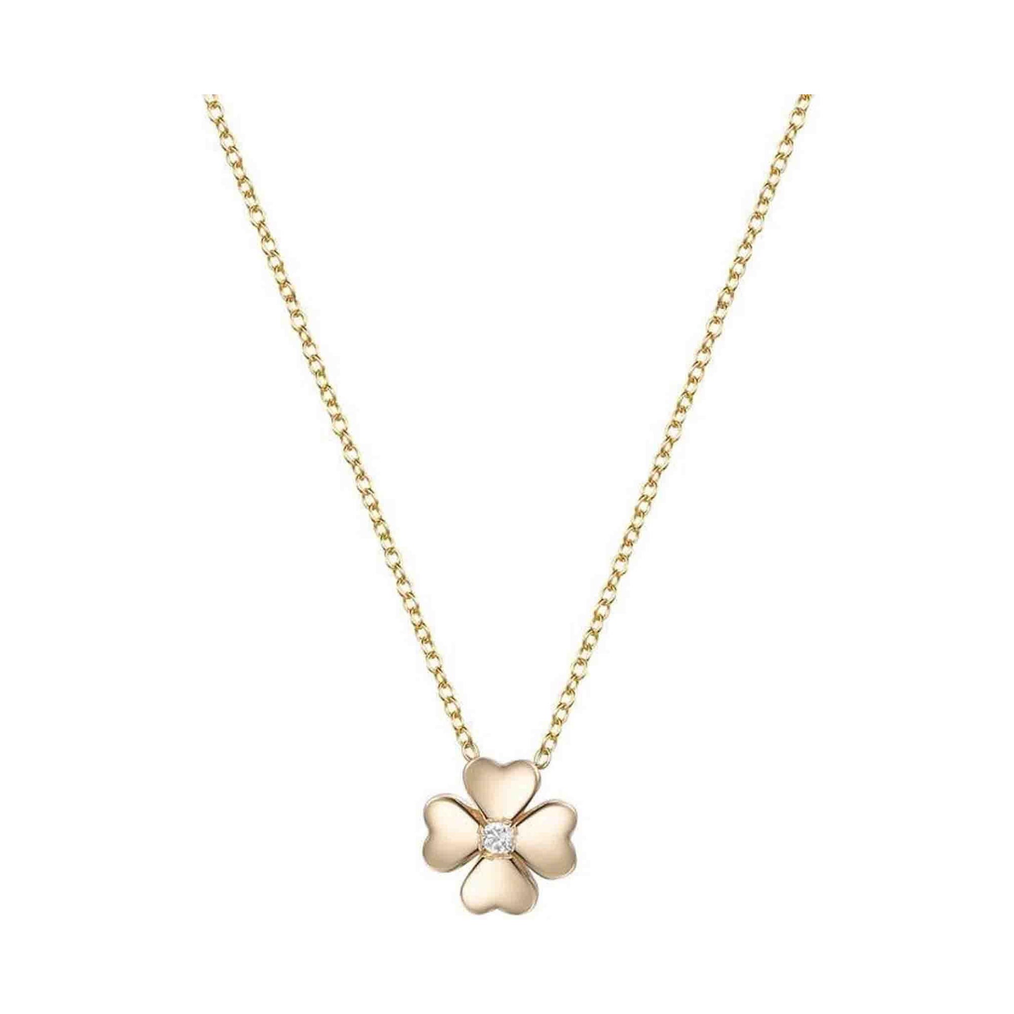 Four Leaf Clover Round Diamond 14K Yellow Gold Necklace For Sale
