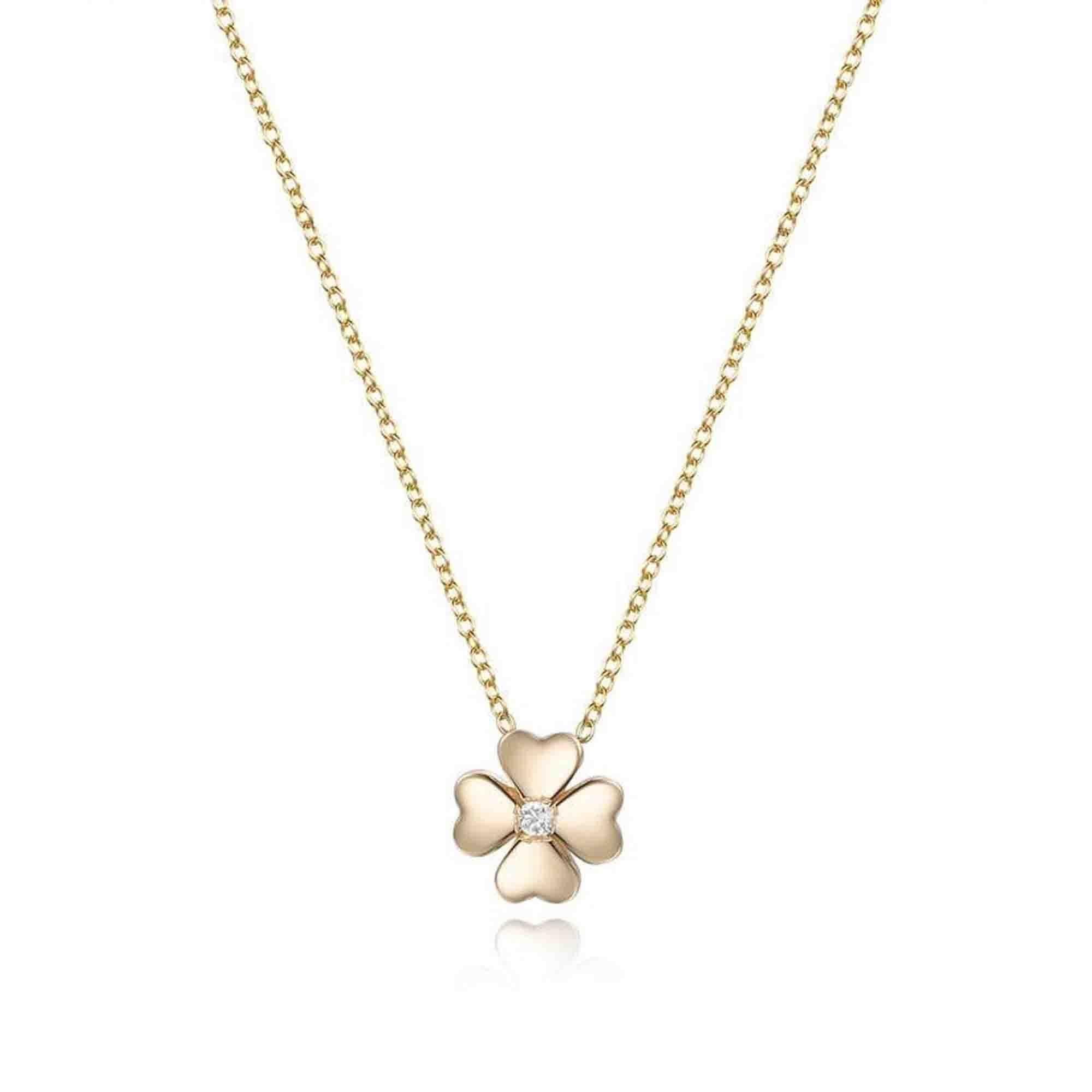 Collana in oro giallo 14K con diamante rotondo e quadrifoglio