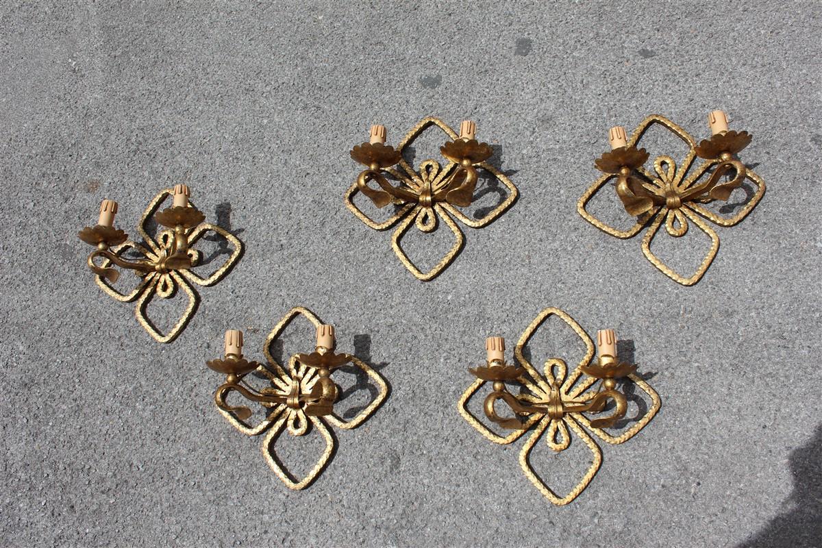 Mid-Century Modern Four Leaf Clover Sconces Hand Forged and Gilded Metal Italian Design 1950s Colli For Sale