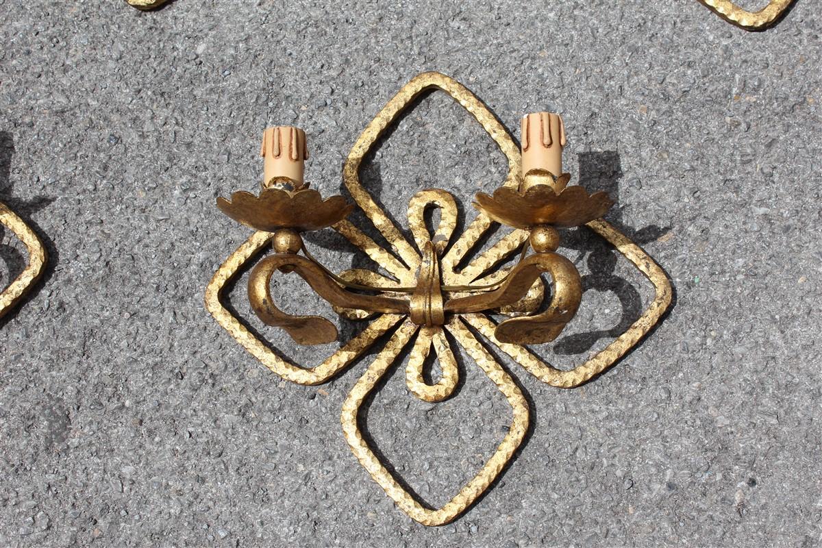 Four Leaf Clover Sconces Hand Forged and Gilded Metal Italian Design 1950s Colli In Good Condition For Sale In Palermo, Sicily