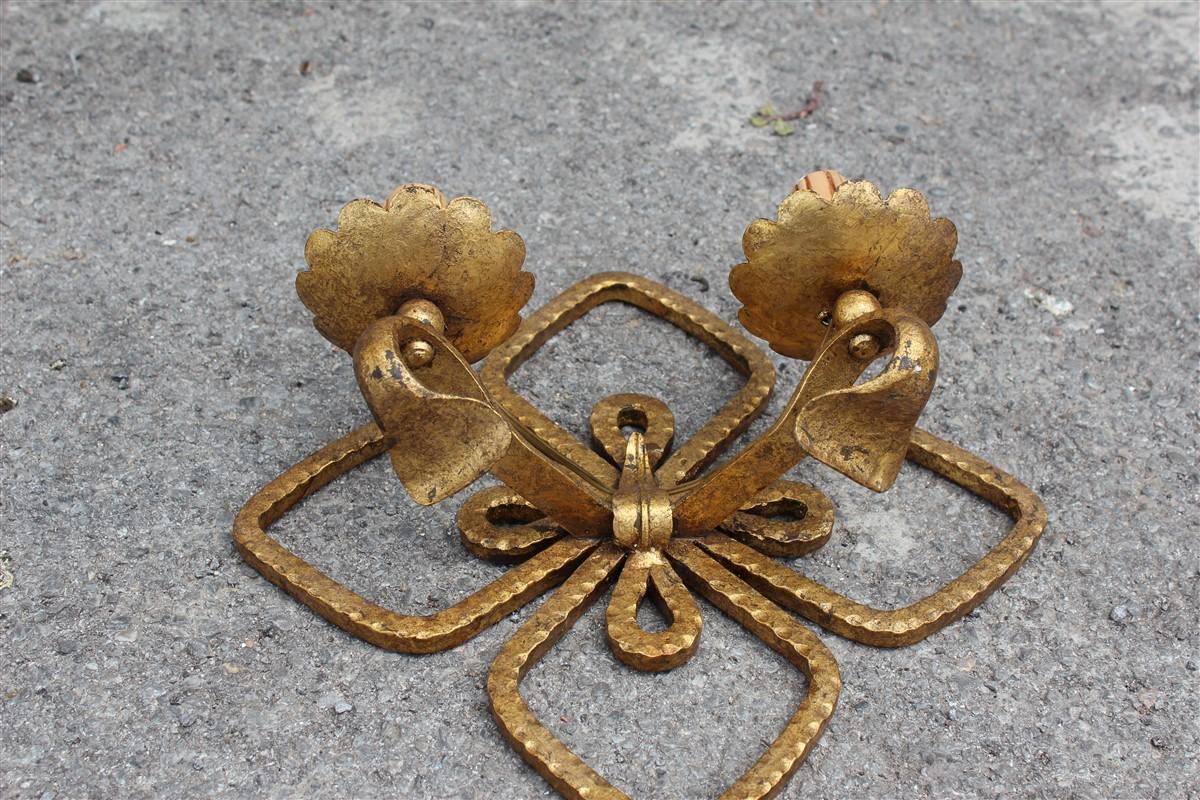 Four Leaf Clover Sconces Hand Forged and Gilded Metal Italian Design 1950s Colli For Sale 1