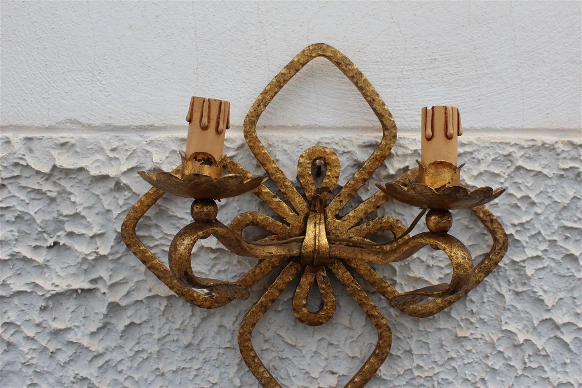 Four Leaf Clover Sconces Hand Forged and Gilded Metal Italian Design 1950s Colli For Sale 3
