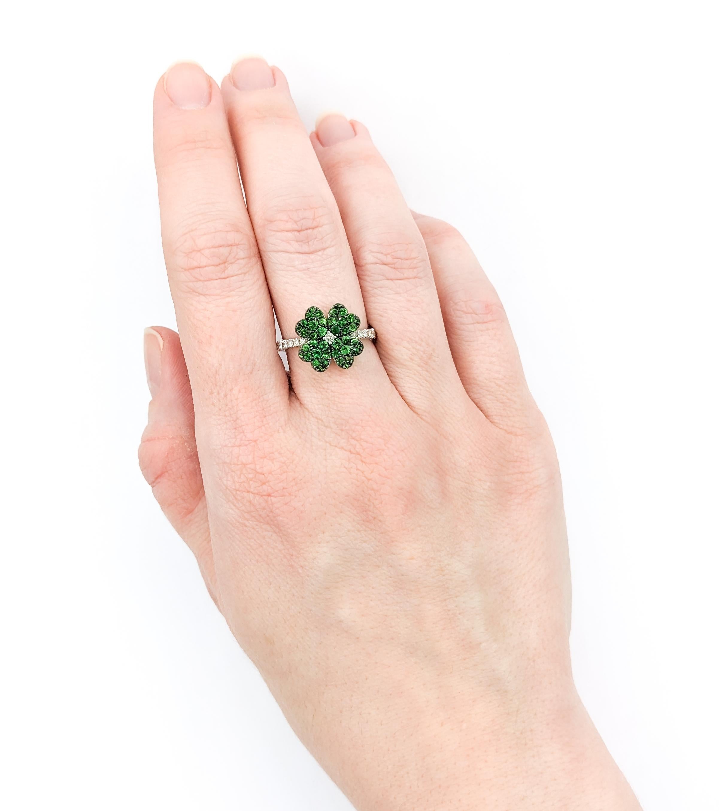 Four Leaf Clover Shamrock Ring with Tsavorite Garnets & Diamonds in 14kt White G For Sale 5