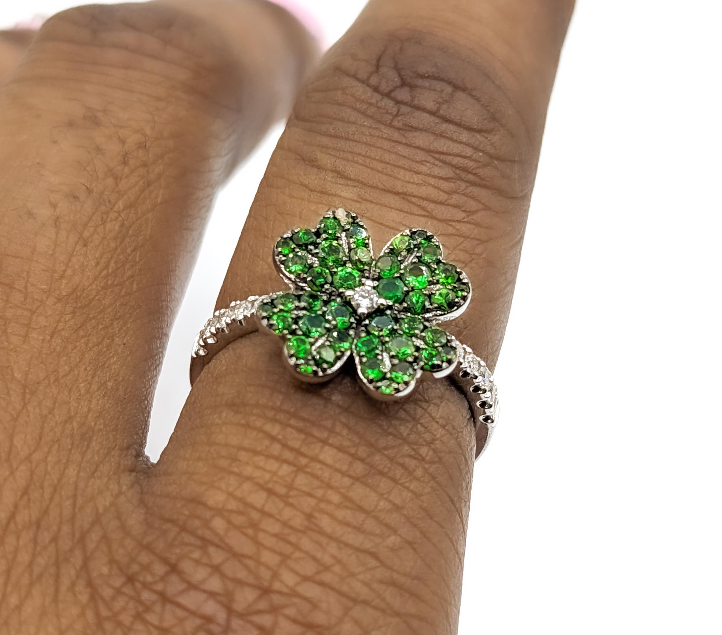 Contemporary Four Leaf Clover Shamrock Ring with Tsavorite Garnets & Diamonds in 14kt White G For Sale